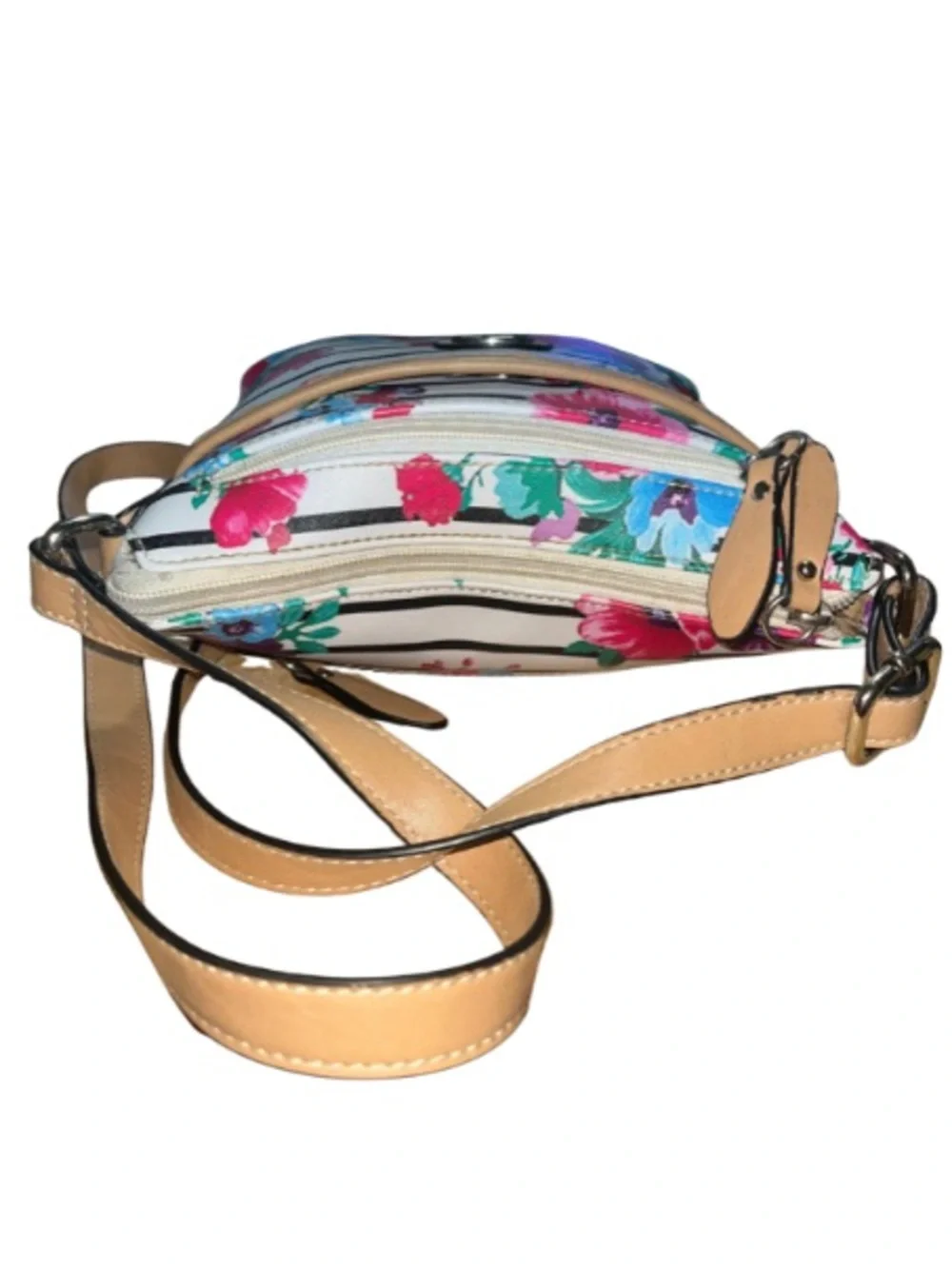 Giani Bernini Floral Stripe Faux Saffiano Crossbody Bag W/Tan Trim, GUC